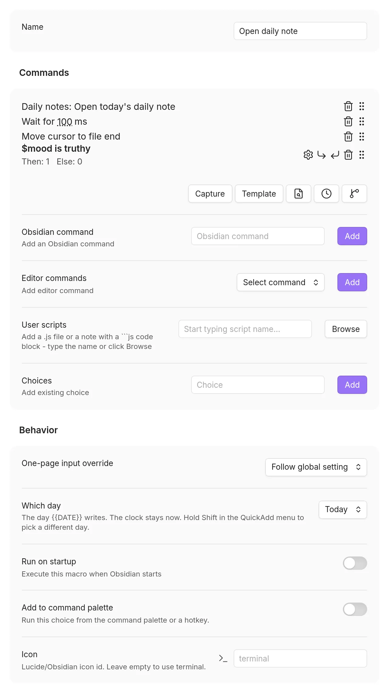 The Macro builder page, with the Commands and Behavior sections